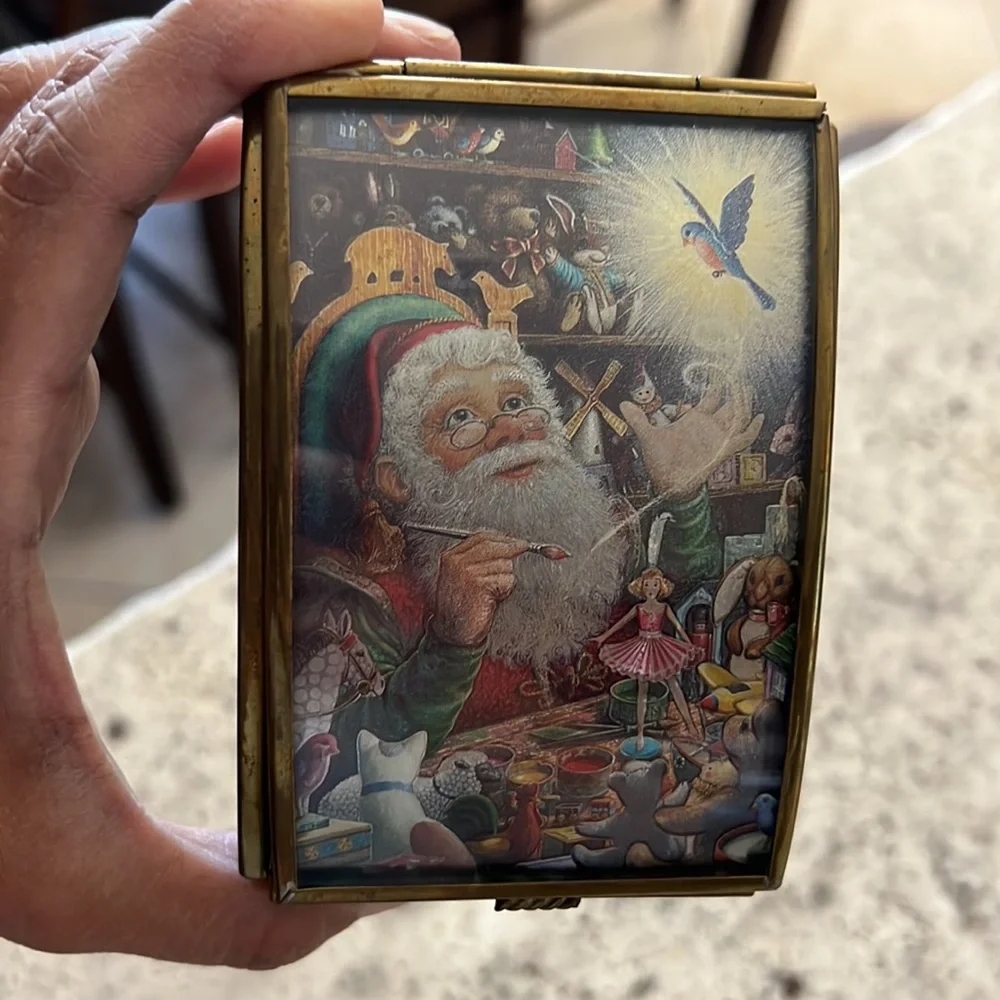 Vintage Etched Christmas Santa Toy Shop Trinket Box